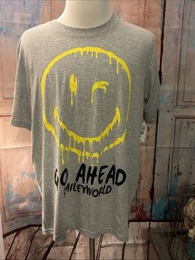 "Go Ahead" Smiley World Graphic T-Shirt - Grey with Yellow Print -skater/punk